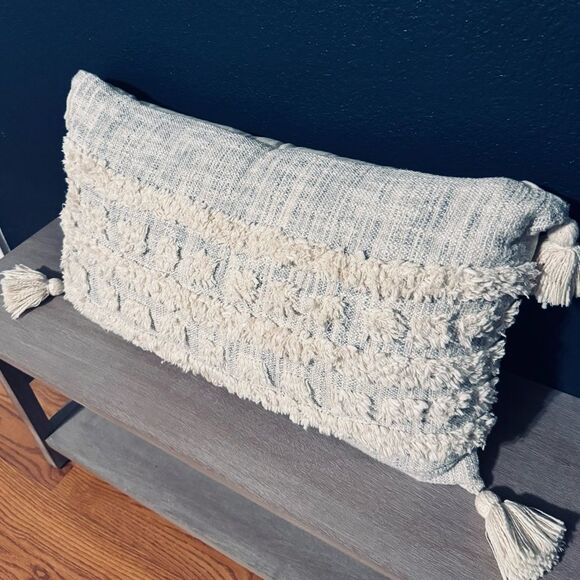Boho Cream Gray Tassel Modern Farmhouse Rectangular Throw Pillow - Picture 2 of 5